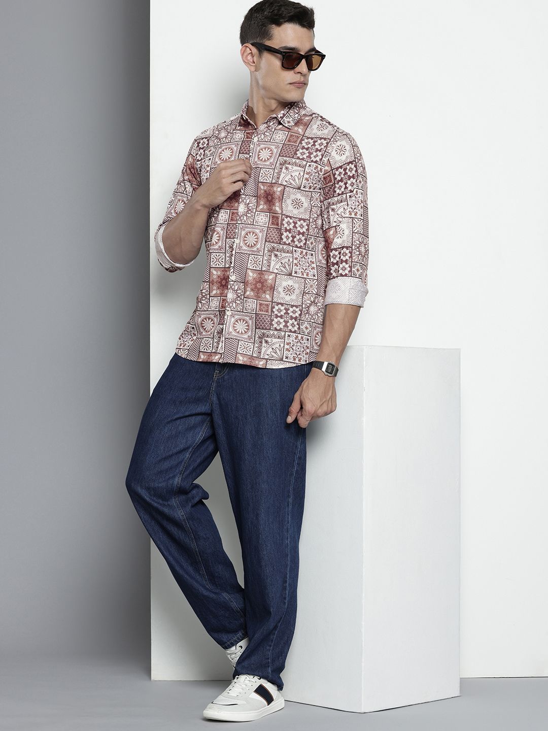 Men's Brown Regular Fit Indie Print Resort Wear Shirt