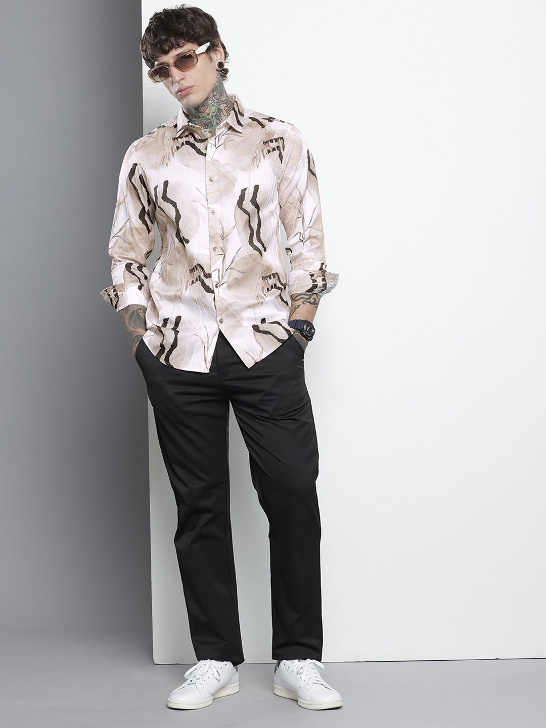 Men's Cream Slim Fit Abstract Print Party Wear Shirt