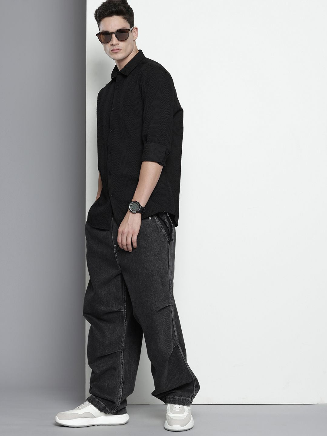 Men's Black Regular Fit Textured Resort Wear Shirt