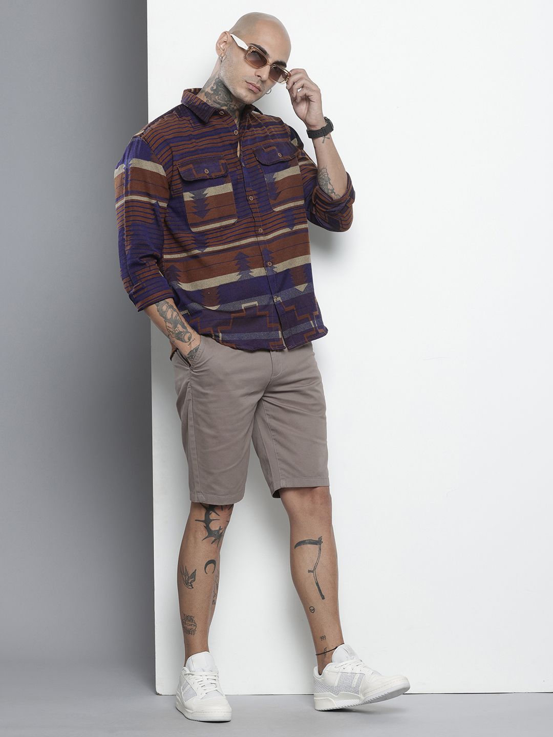 Men's Brown Relaxed Fit Geometric Resort Wear Shirt