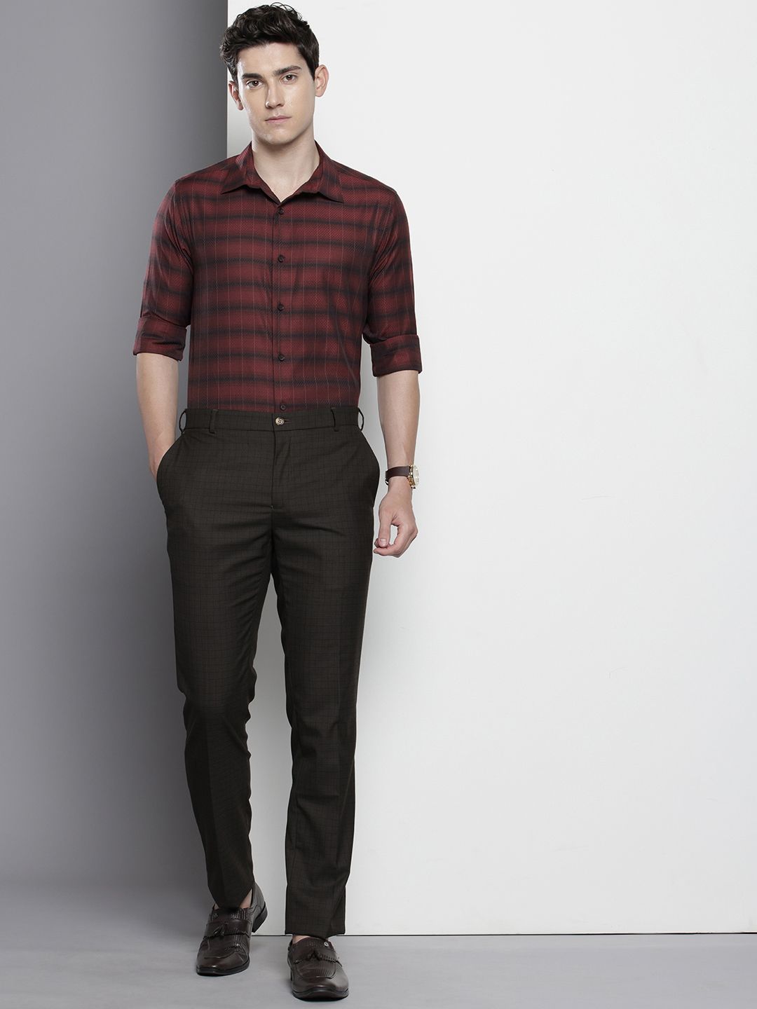 Men's Maroon Slim Fit Checked Formal Shirt