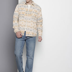 Men's Beige Relaxed Fit Textured Resort Wear Shirt