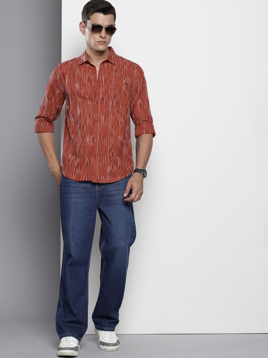 Men's Orange Slim Fit Striped Casual Shirt
