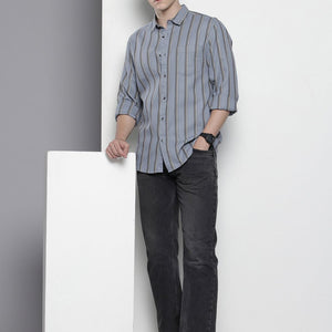 Men's Grey Slim Fit Striped Casual Shirt