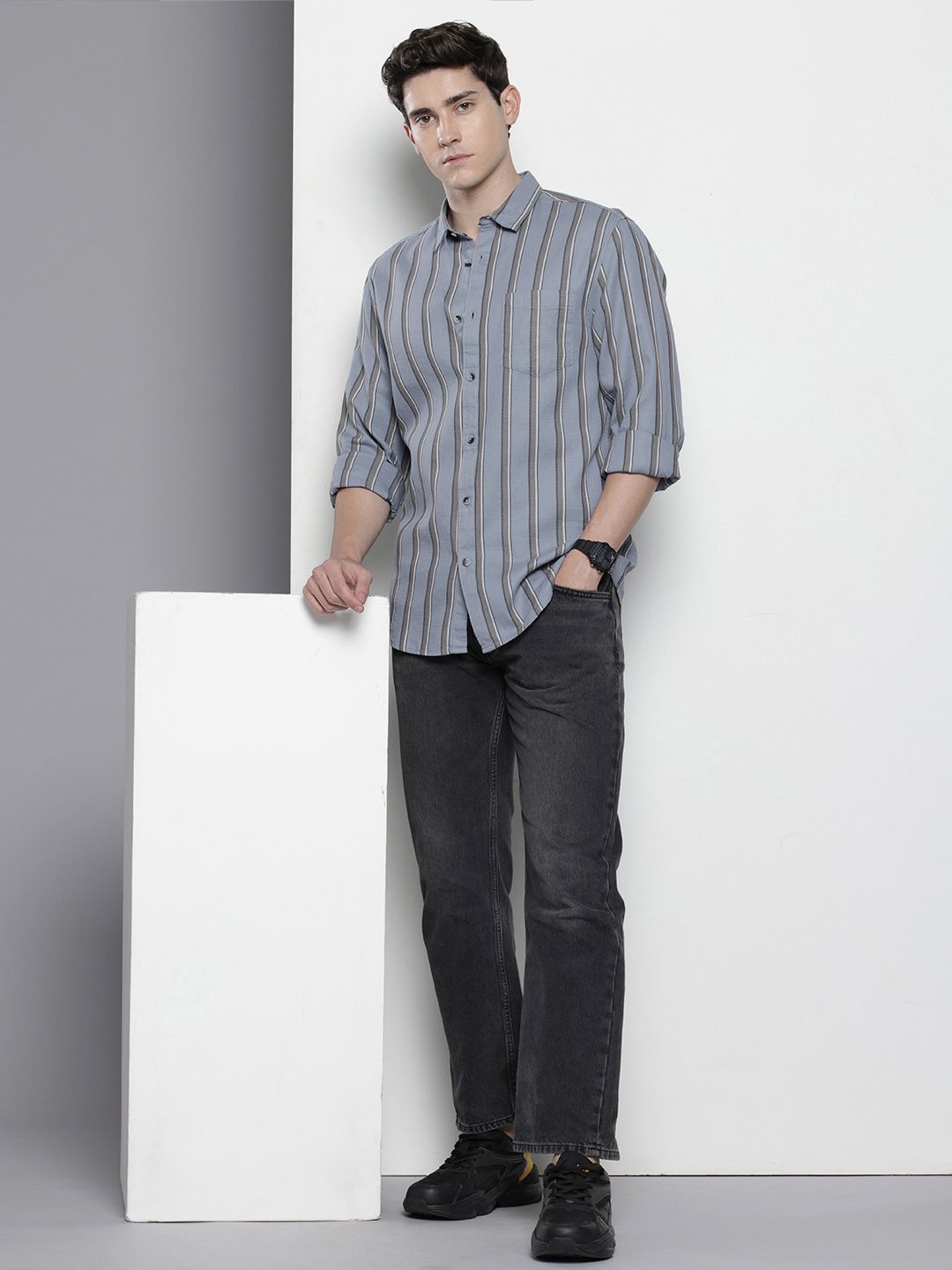 Men's Grey Slim Fit Striped Casual Shirt