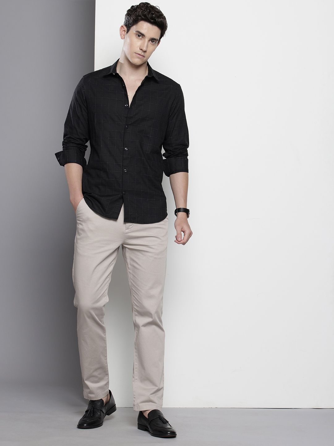 Men's Black Slim Fit Checked Party Wear Shirt