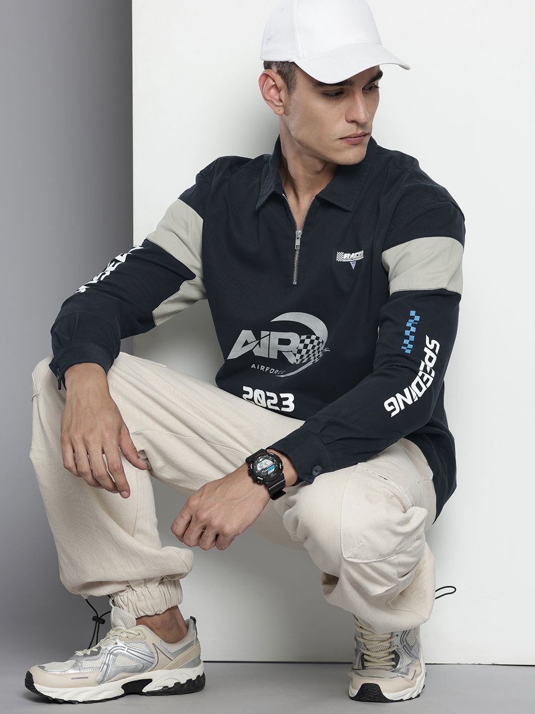 Men's Navy Blue Regular Fit Graphic Print Street Wear Overshirt