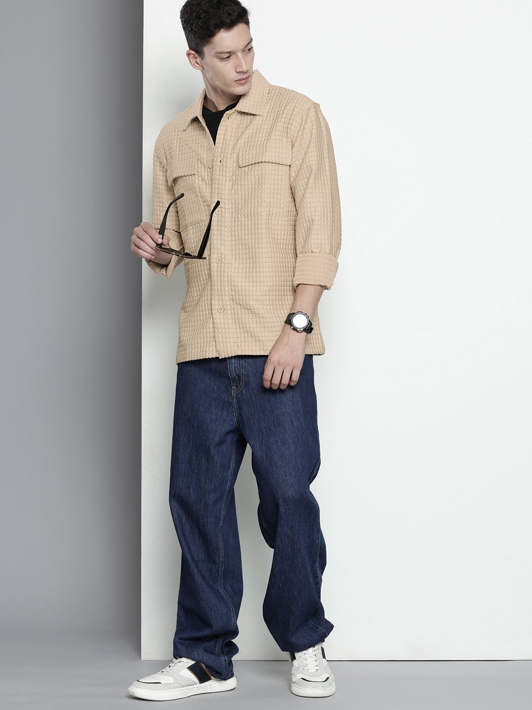 Men's Cream Regular Fit Textured Resort Wear Shirt