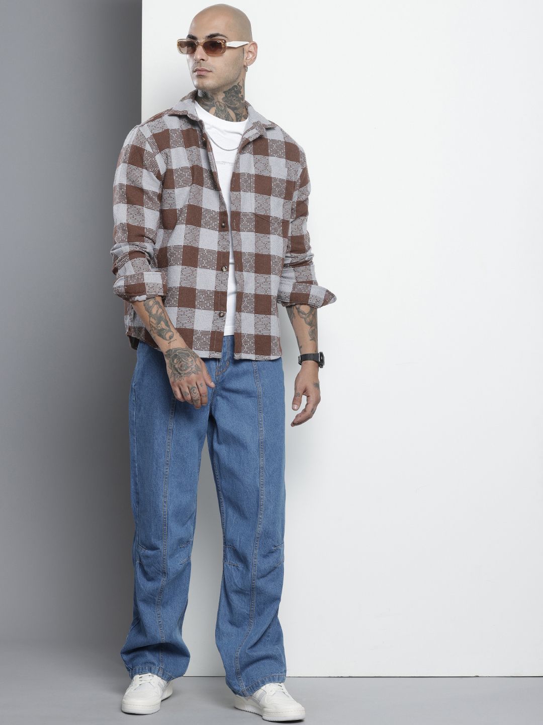 Men's Brown Relaxed Fit Checked Resort Wear Shirt