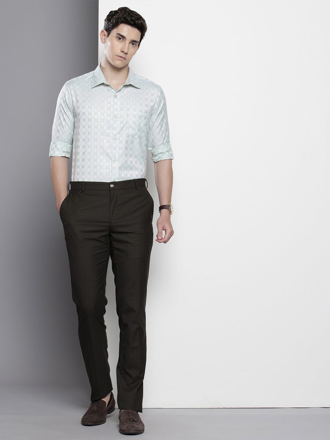 Men's Green Slim Fit Checked Formal Shirt