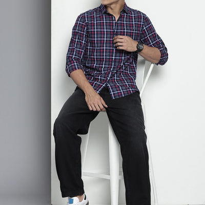 Men's Blue Slim Fit Checked Casual Shirt