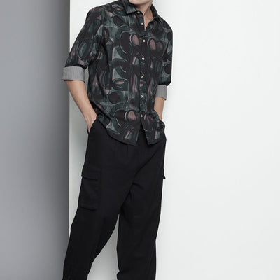 Men's Black Slim Fit Abstract Print Party Wear Shirt