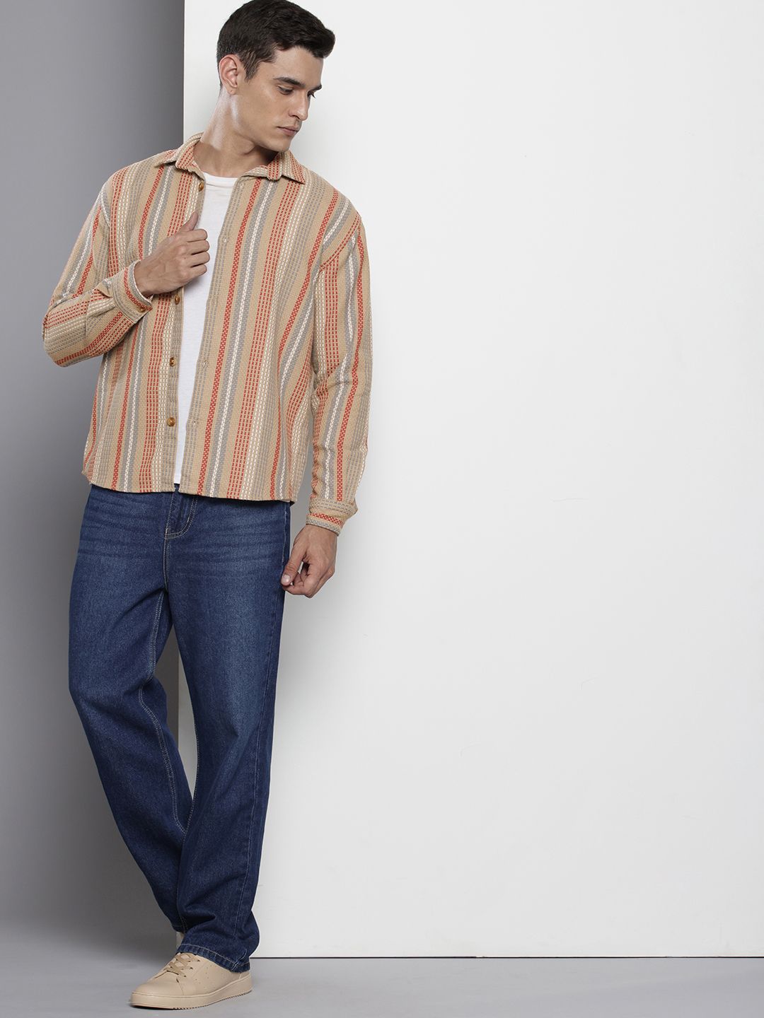 Men's Brown Relaxed Fit Striped Resort Wear Shirt