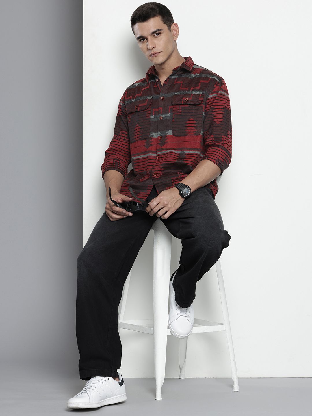 Men's Red Relaxed Fit Geometric Print Resort Wear Shirt