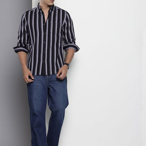 Men's Black Slim Fit Striped Casual Shirt