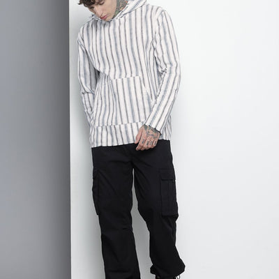 Men's Grey Relaxed Fit Vertical Stripes Resort Wear Shirt