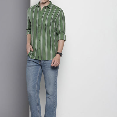 Men's Green Slim Fit Striped Casual Shirt