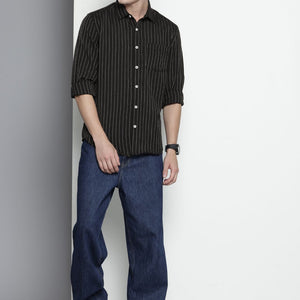 Men's Black Slim Fit Striped Casual Shirt