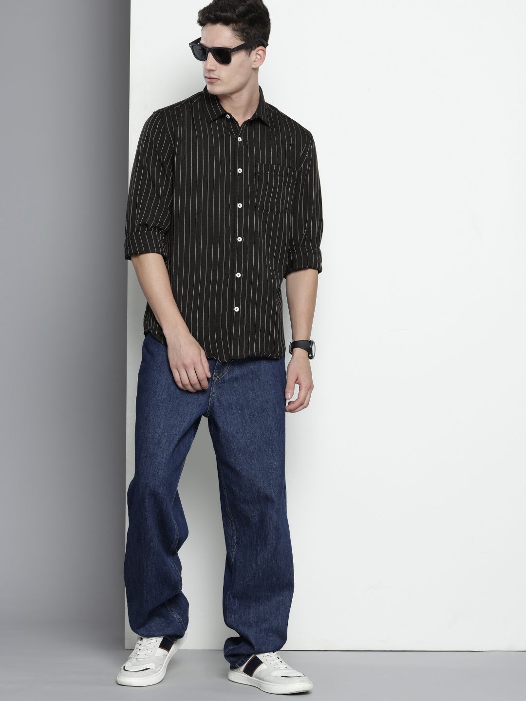 Men's Black Slim Fit Striped Casual Shirt