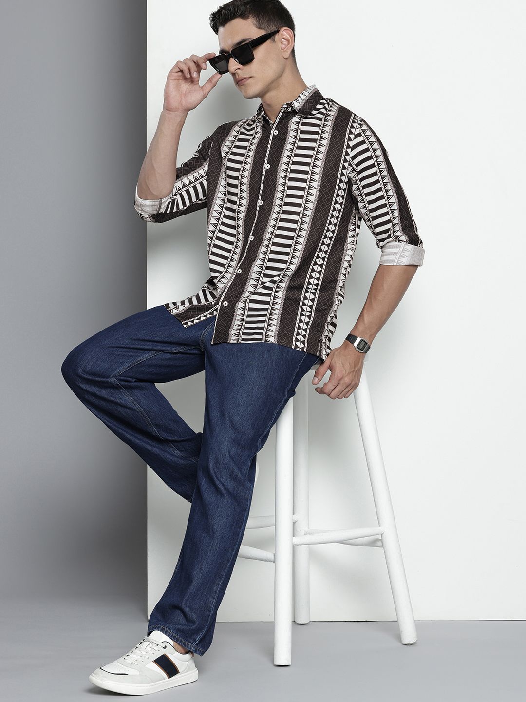 Men's Black Relaxed Fit Aztec Printed Resort Wear Shirt