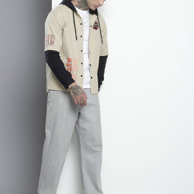 Men's Cream Regular Fit Graphic Print Street Wear Overshirt