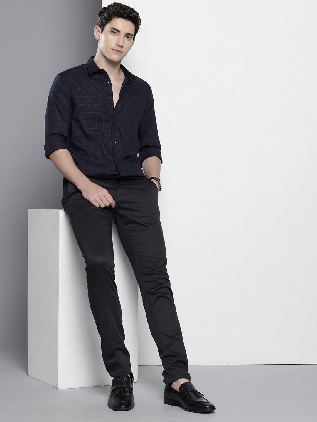 Men's Navy Blue Slim Fit Checked Party Wear Shirt