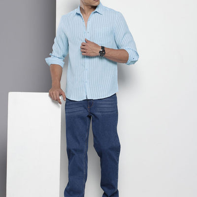 Men's Blue Slim Fit Striped Casual Shirt