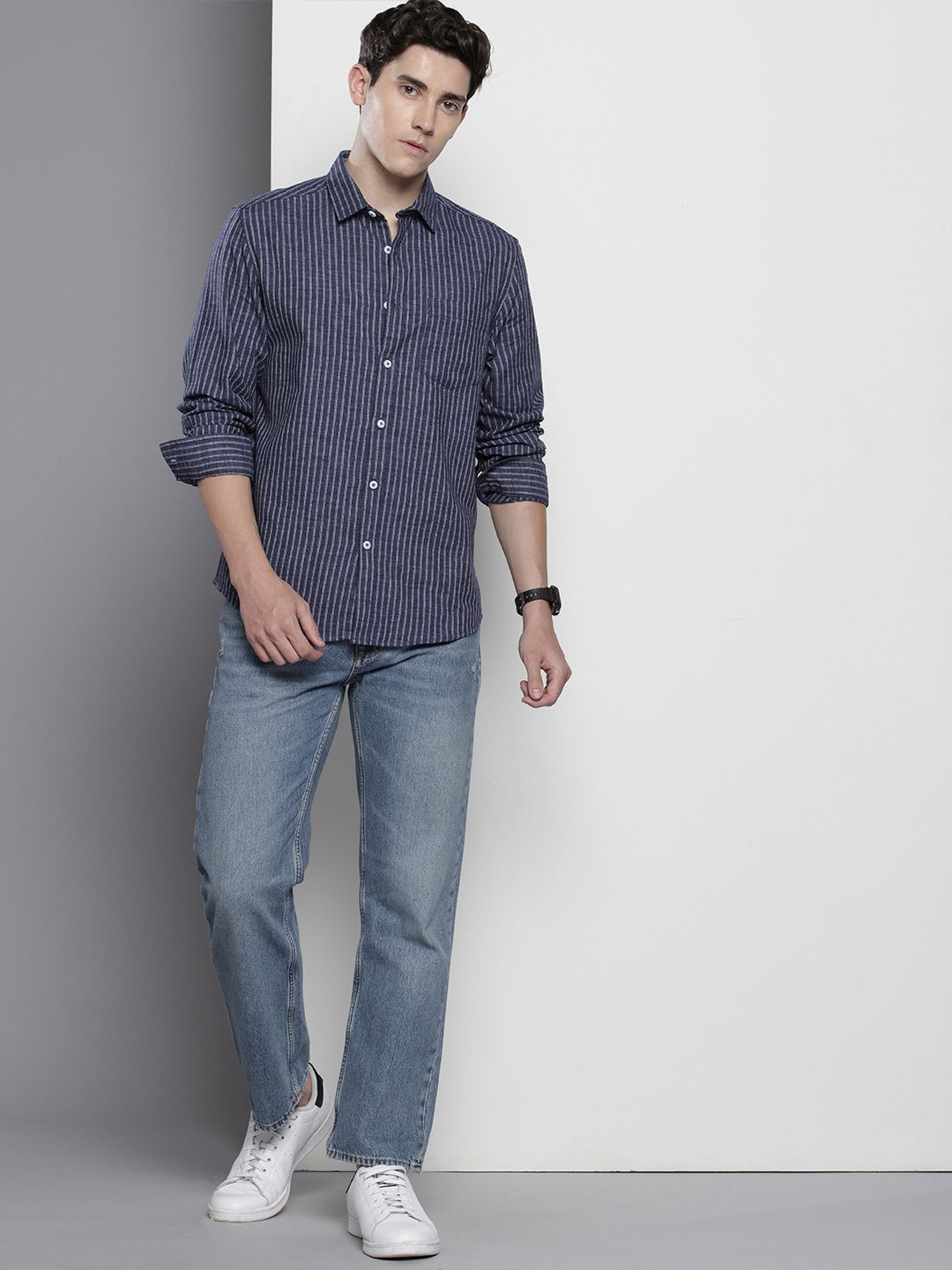 Men's Navy Blue Slim Fit Striped Casual Shirt