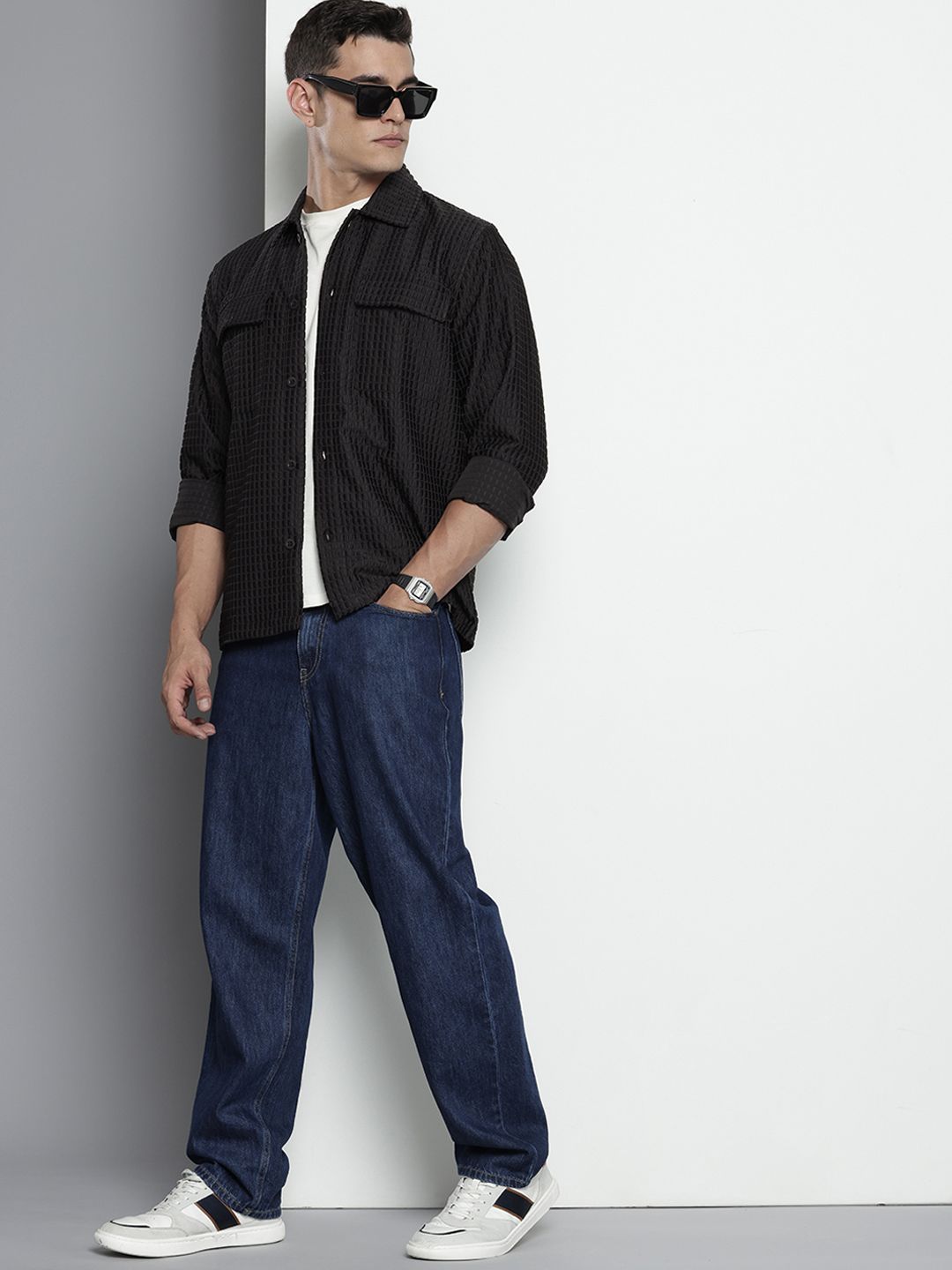 Men's Black Regular Fit Textured Resort Wear Shirt