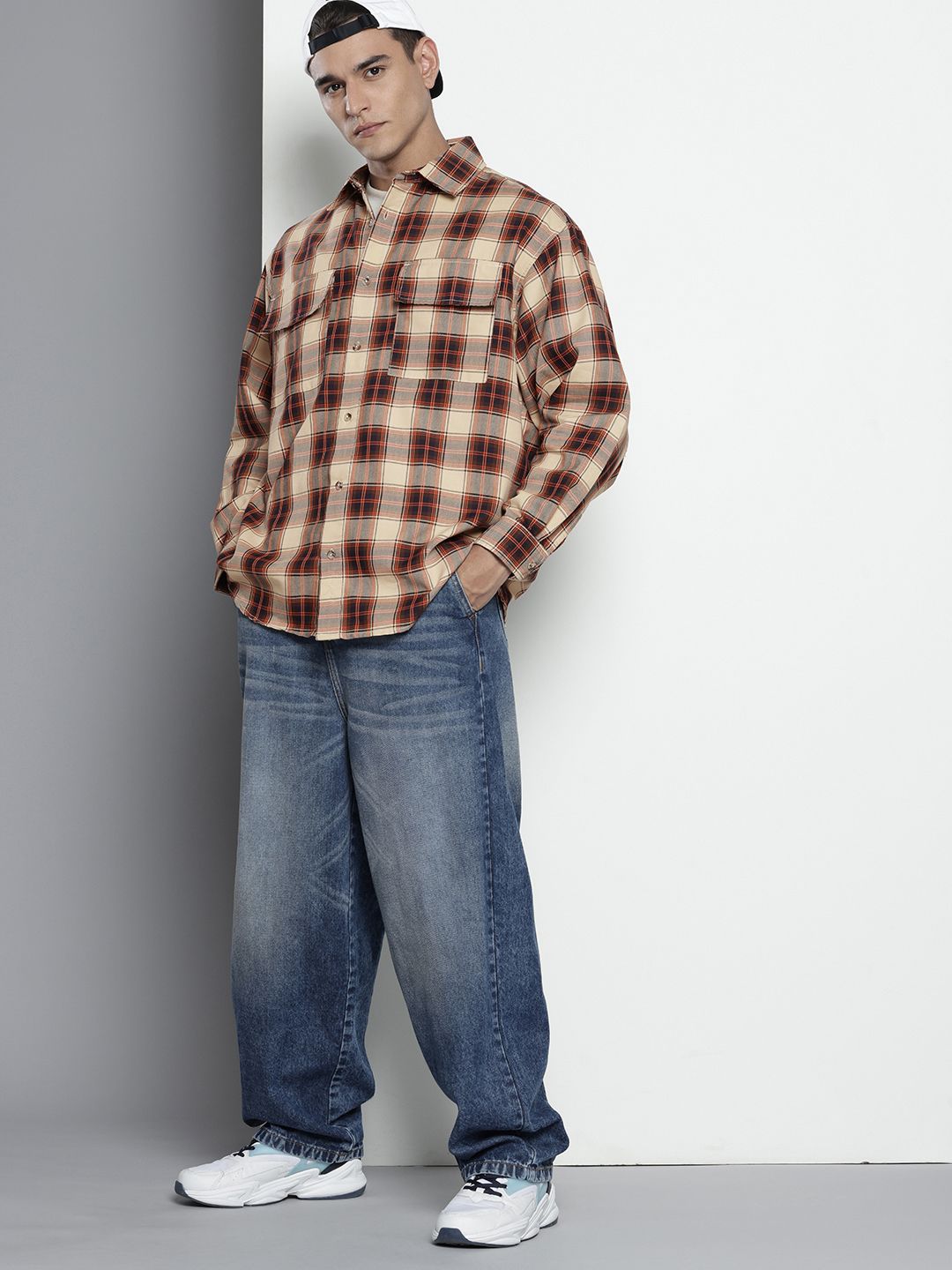 Men's Beige Oversized Checked Street Wear Shirt