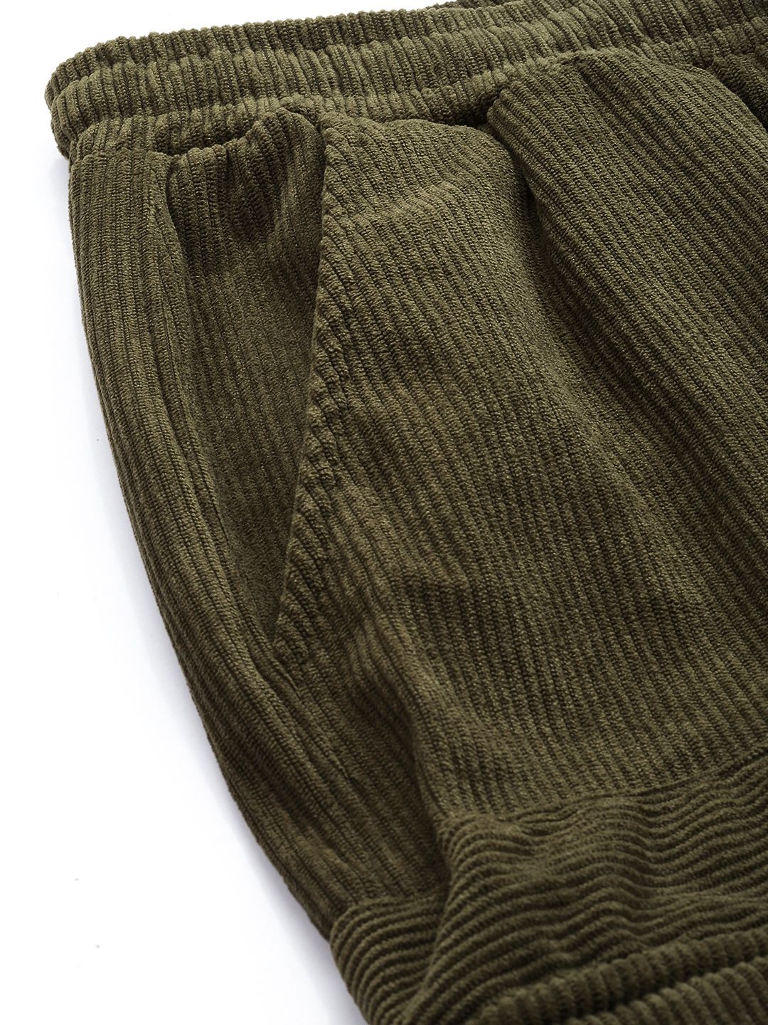 Men's Olive Relaxed Fit Textured Corduroy Loose Joggers