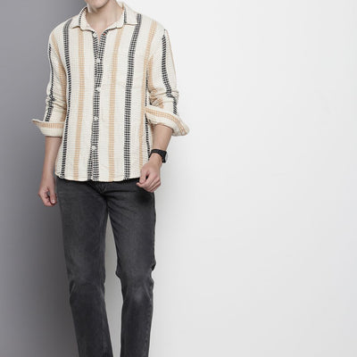 Men's Cream Relaxed Fit Textured Casual Shirt