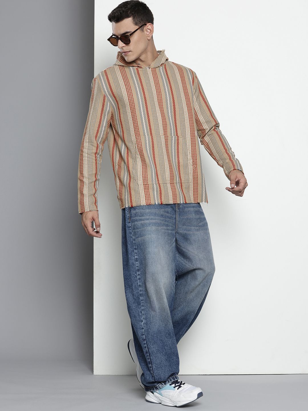 Men's Brown Relaxed Fit Vertical Stripes Resort Wear Shirt