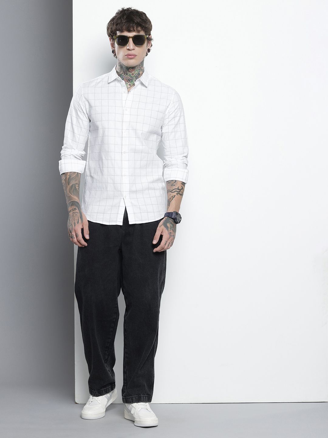 Men's White Slim Fit Checked Party Wear Shirt