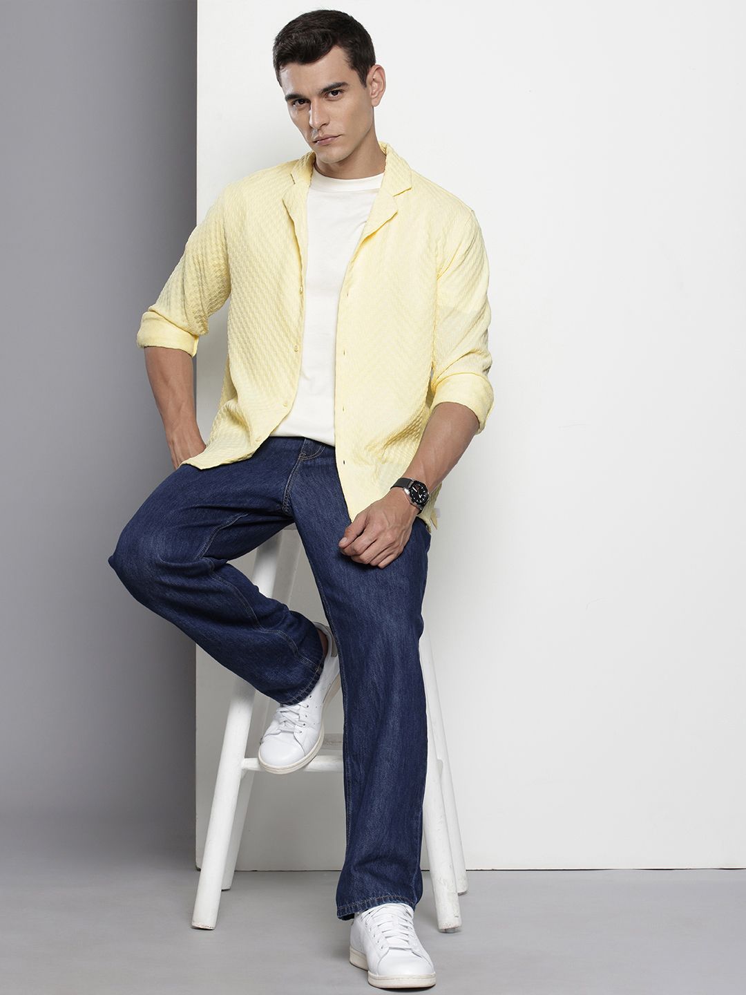 Men's Yellow Relaxed Fit Solid Resort Wear Shirt