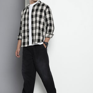 Men's Black Relaxed Fit Checked Resort Wear Shirt