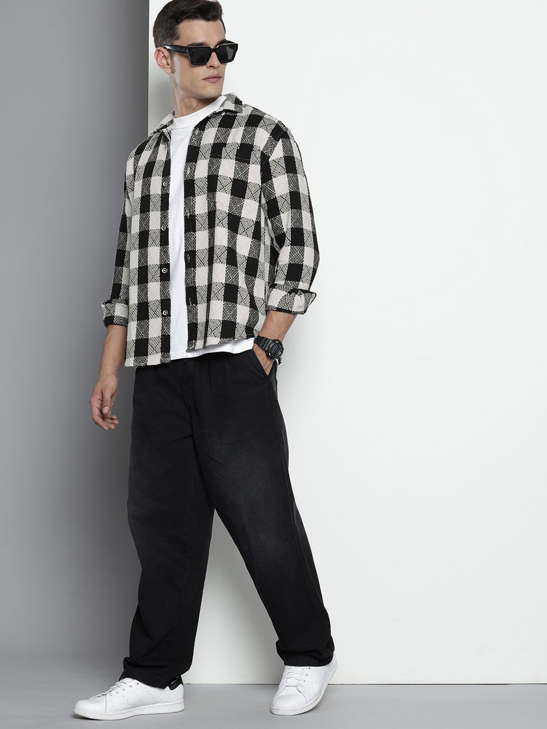 Men's Black Relaxed Fit Checked Resort Wear Shirt