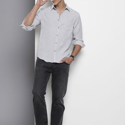 Men's Grey Slim Fit Striped Casual Shirt