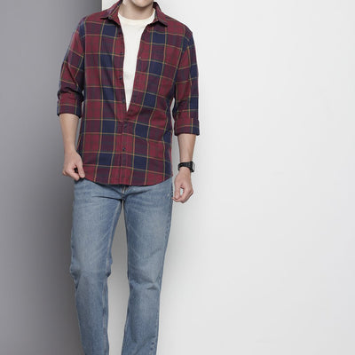 Men's Red Slim Fit Checked Casual Shirt
