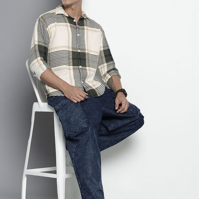 Men's Cream Relaxed Fit Textured Casual Shirt