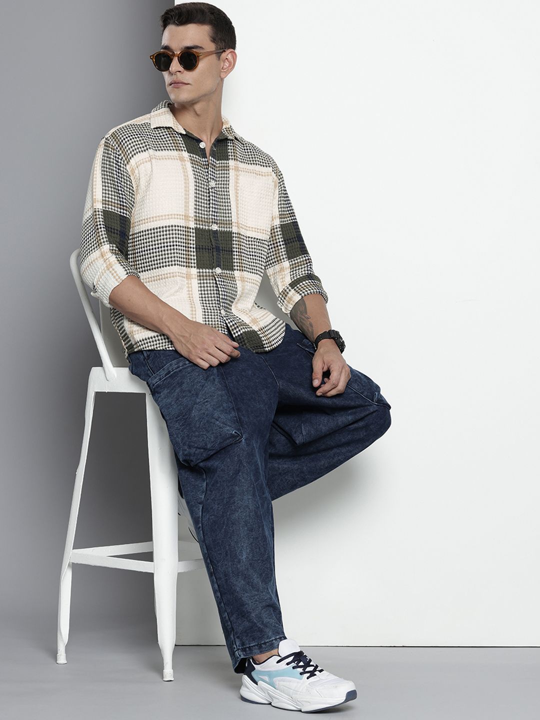 Men's Cream Relaxed Fit Textured Casual Shirt