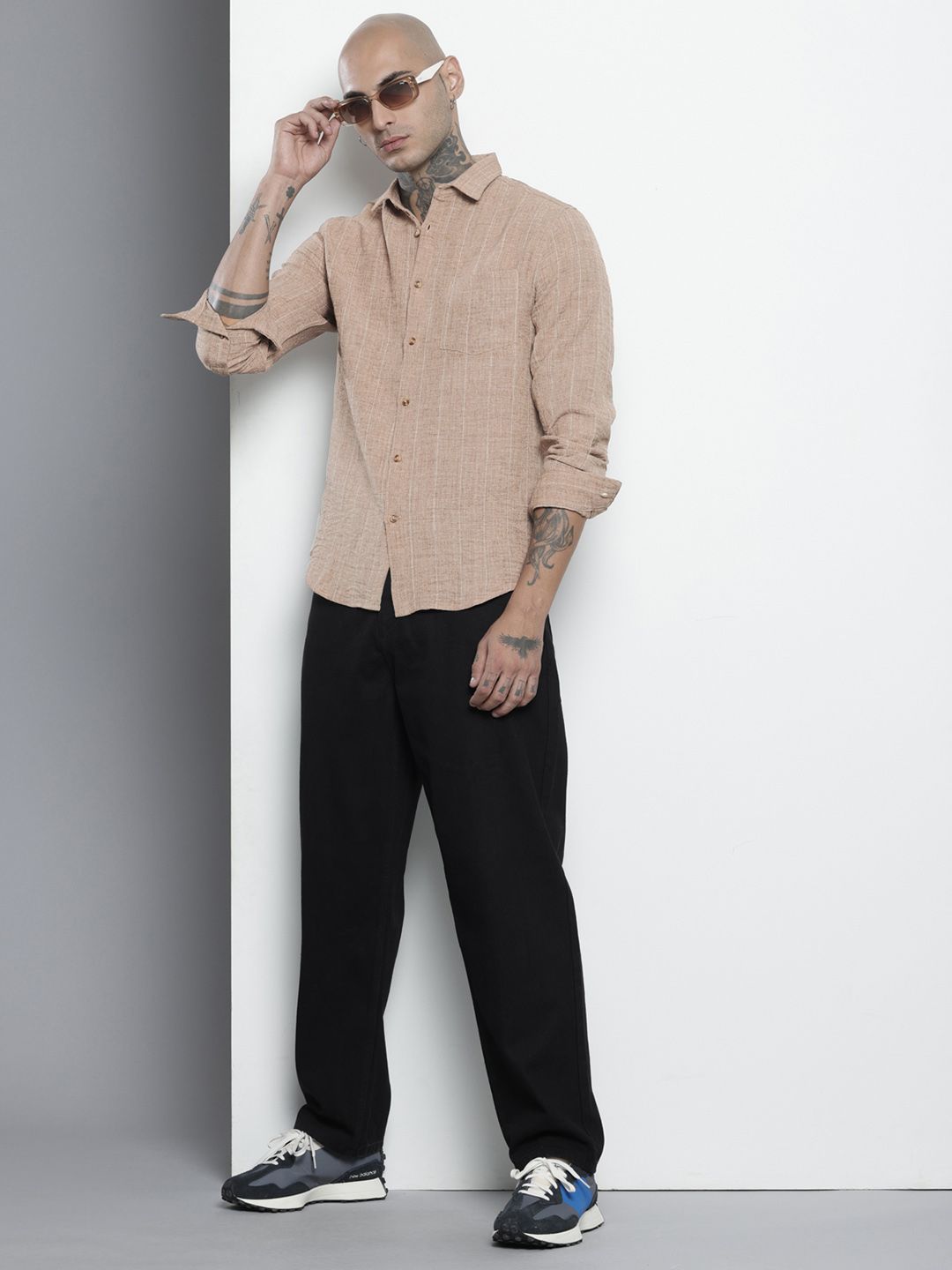 Men's Brown Slim Fit Vertical Striped Casual Shirt