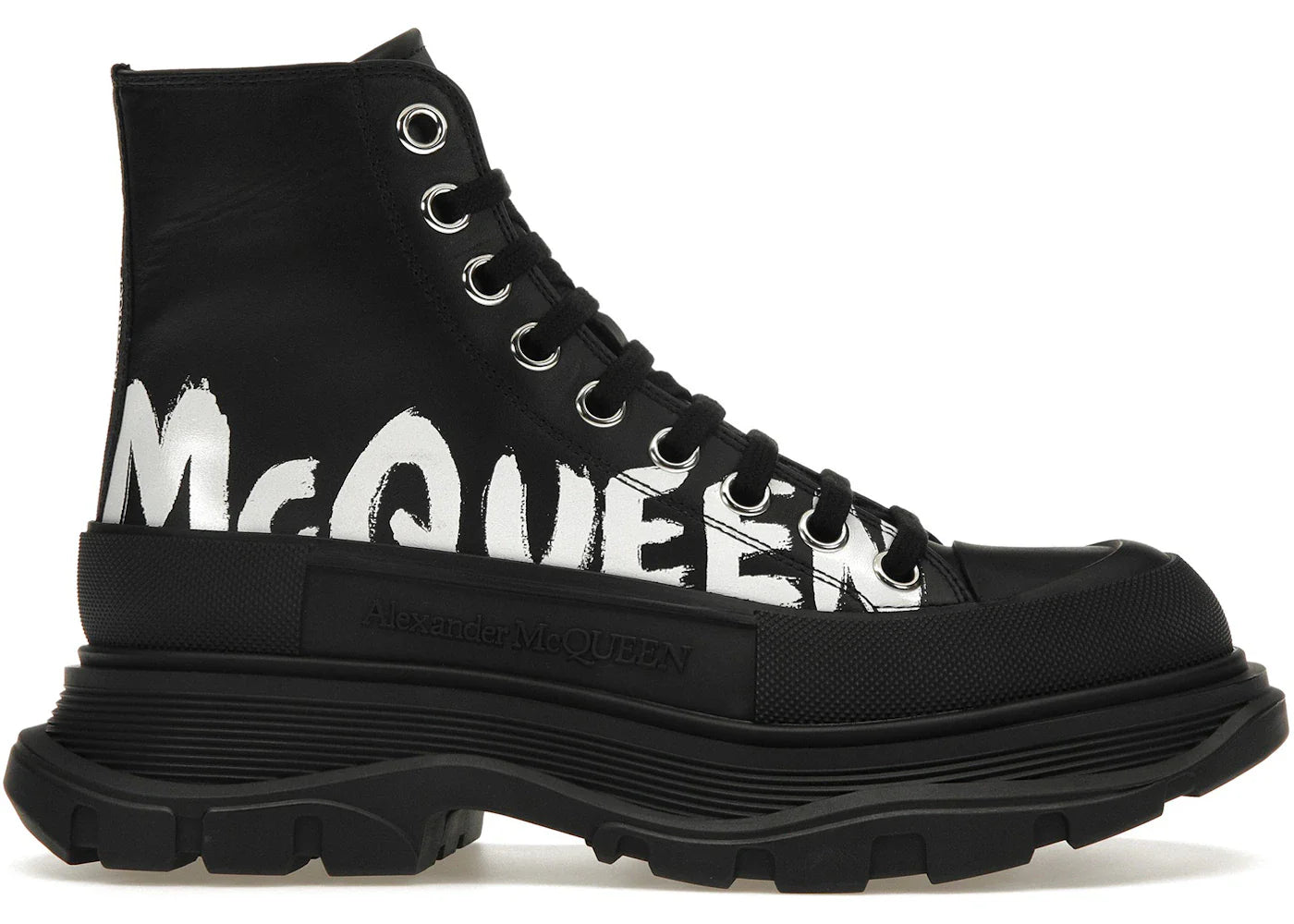 Alexander Mcqueen Tread Slick Boot Polyfaille Graffiti Black White (Women'S)