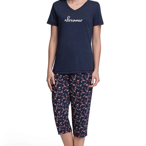Capri Length Pyjama Bottom - Floral Pr Navy