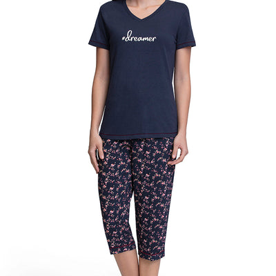 Capri Length Pyjama Bottom - Floral Pr Navy