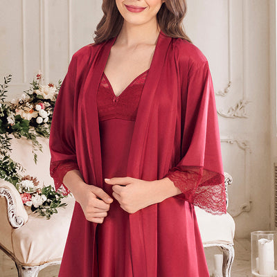 Eternal Bliss Beautiful Dreamer Satin Lace Robe - Henna