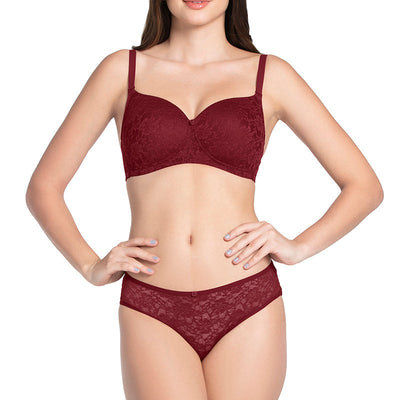 Floral Romance Padded Non-wired Lace Bra - Burgundy Wine Lace