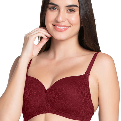 Floral Romance Padded Non-wired Lace Bra - Burgundy Wine Lace