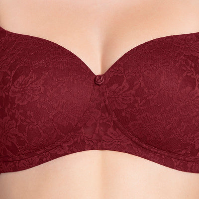 Floral Romance Padded Non-wired Lace Bra - Burgundy Wine Lace