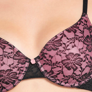 Floral Romance Padded Wired Lace Bra - Black-Sea Pink